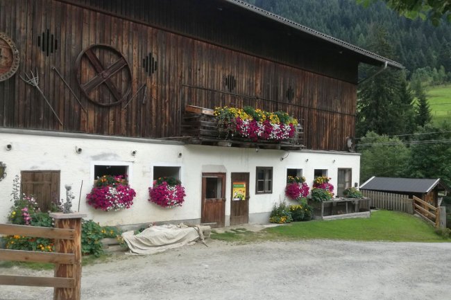 Stall mit Blumenschmuck